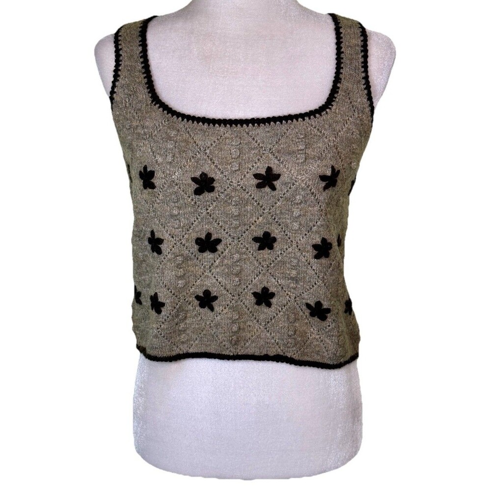 Women Cozy Cottagecore Crochet Tank Top Floral Applique Square Neck Size Small